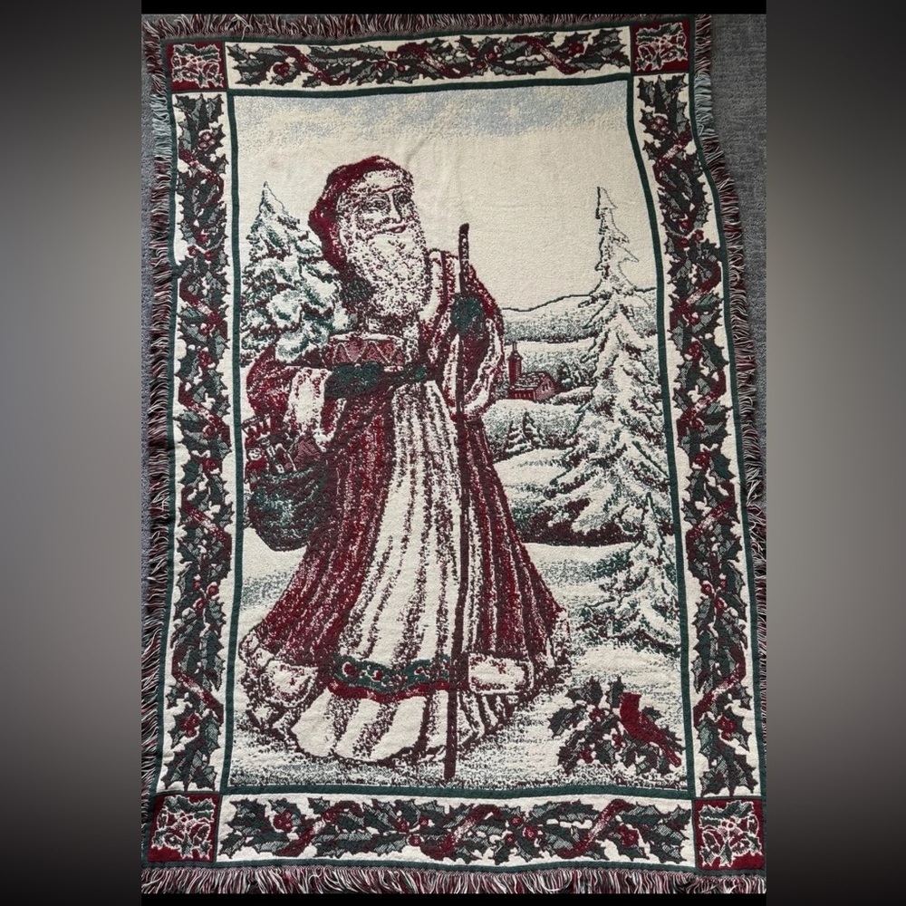 Santa Claus Tapestry FATHER CHRISTMAS Fringed 100% Cotton 67"×46" Throw Blanket